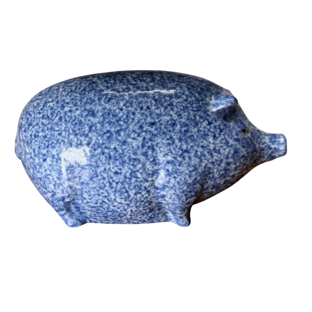 Blue Spongeware Ceramic Pig Figurine Bank Farmhouse Pottery‎ Spatterware Decor